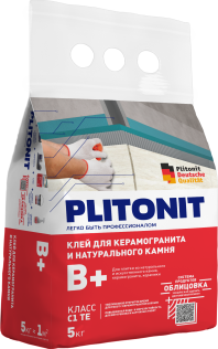 Клей для крупноформатного керамогранита и натурального камня, PLITONIT В+ 5 кг (класс С1ТЕ)