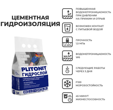Тонкослойная жесткая гидроизоляция ГидроСлой 5 кг PLITONIT